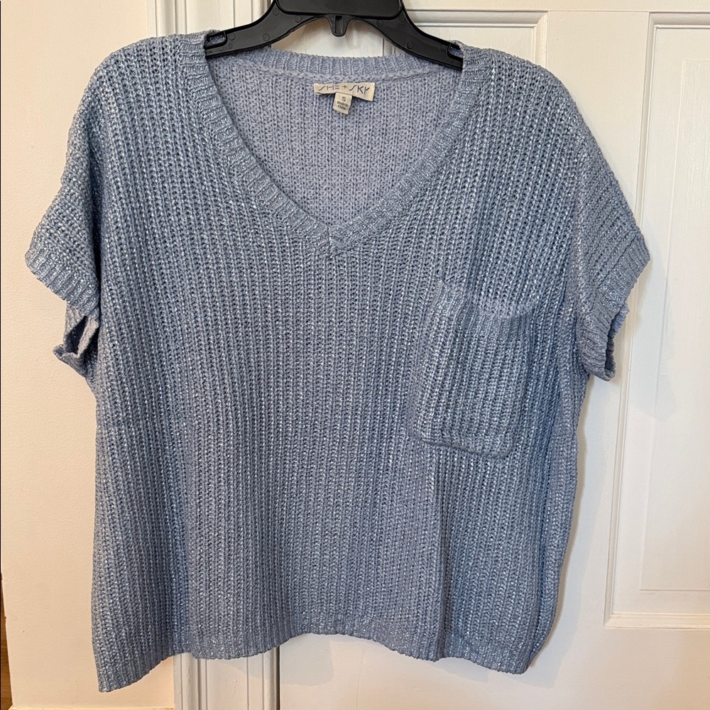 SHE + SKY Blue Metalic Knit V-Neck Sweater